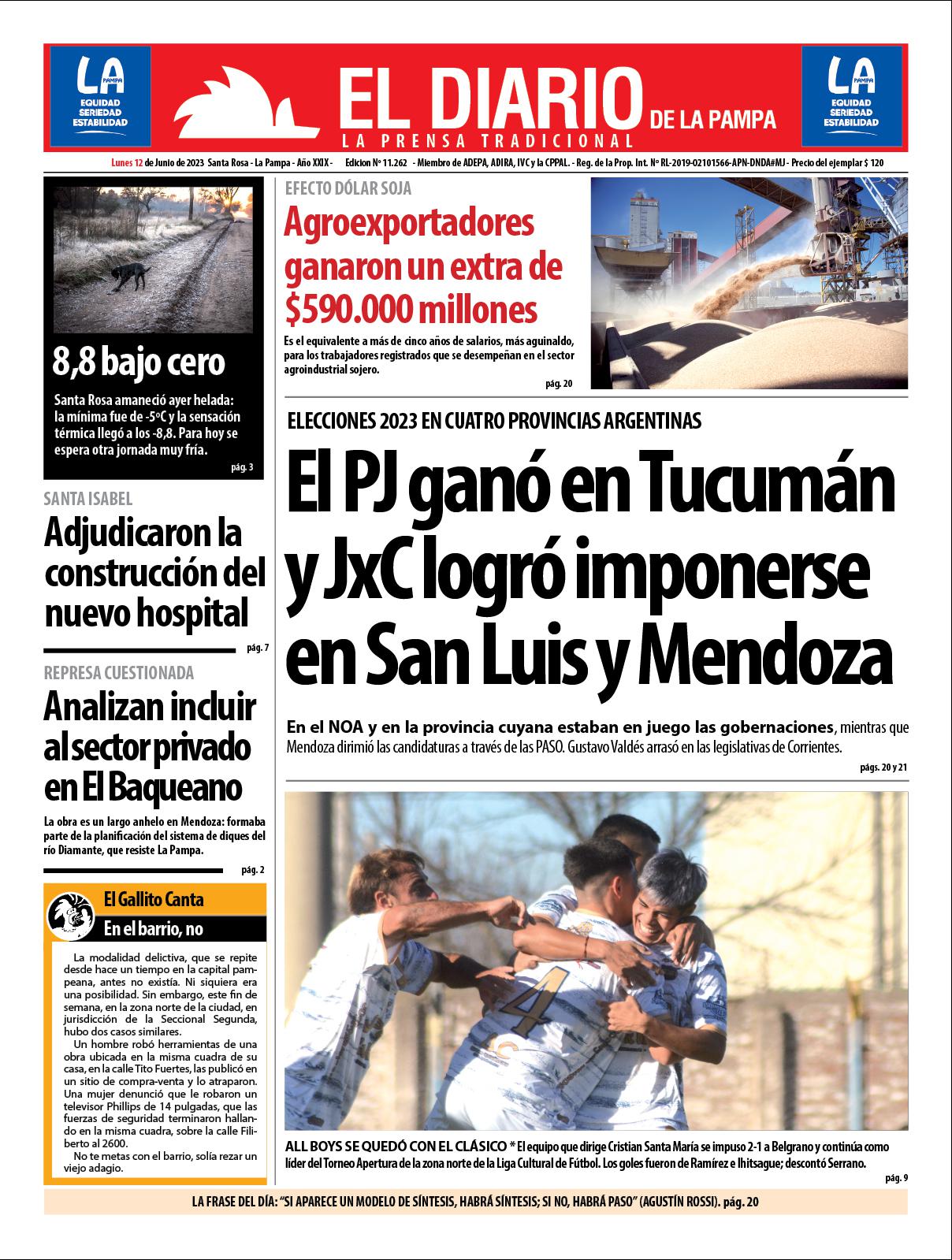 Tapa de El Diario en papel  lunes 12 de junio de 2023